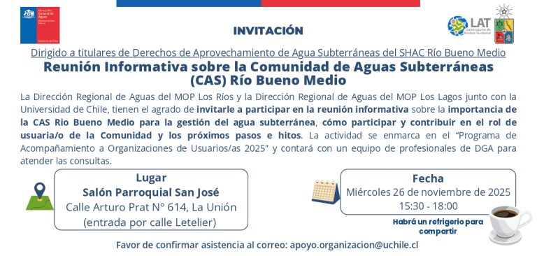 Invitación a reunión informativa para titulares de derechos de aguas subterráneas del SHAC Río Bueno Medio