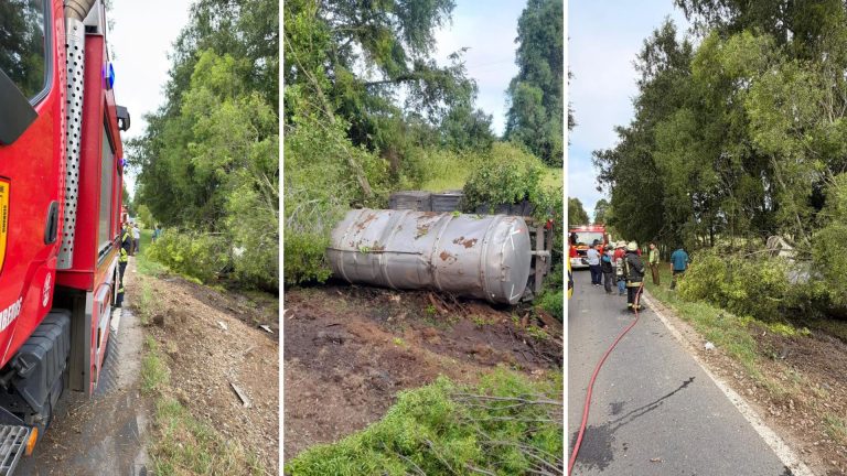 Camión de transporte de riles se vuelca en ruta a Nontuelá y dejó un lesionado